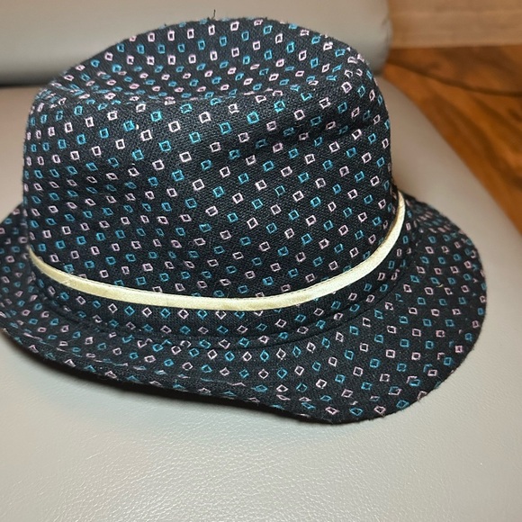 Fedora with Gold Metallic Band in Black with Pink and Teal Squares - 7-7 1/8 - Picture 2 of 6